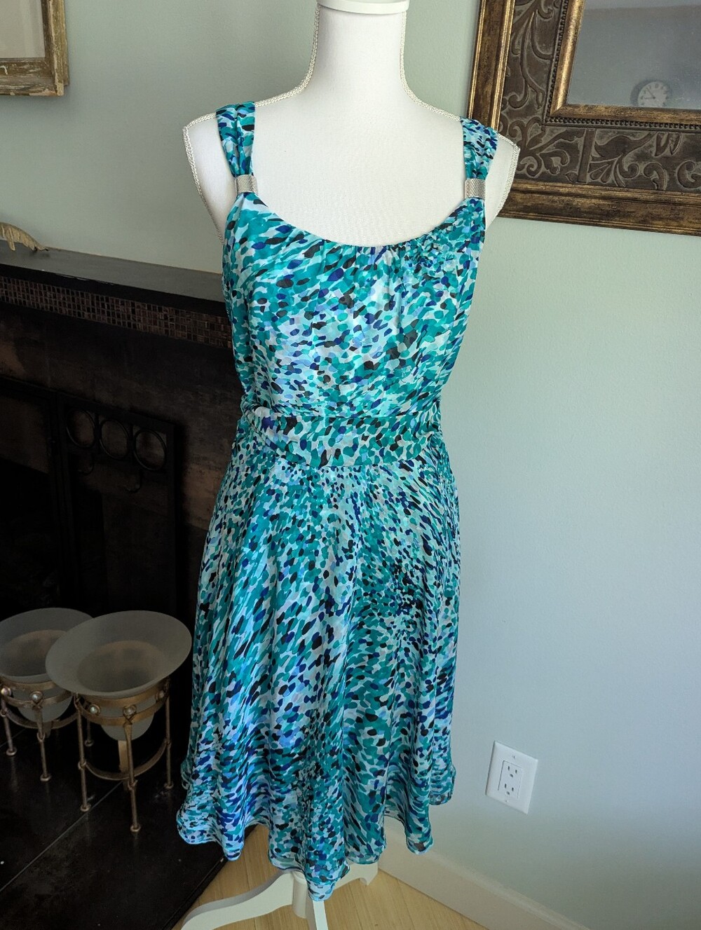 White House Black Market 6 Fit & Flare Blue Turquoise Spotted Dress Bowbelt 161